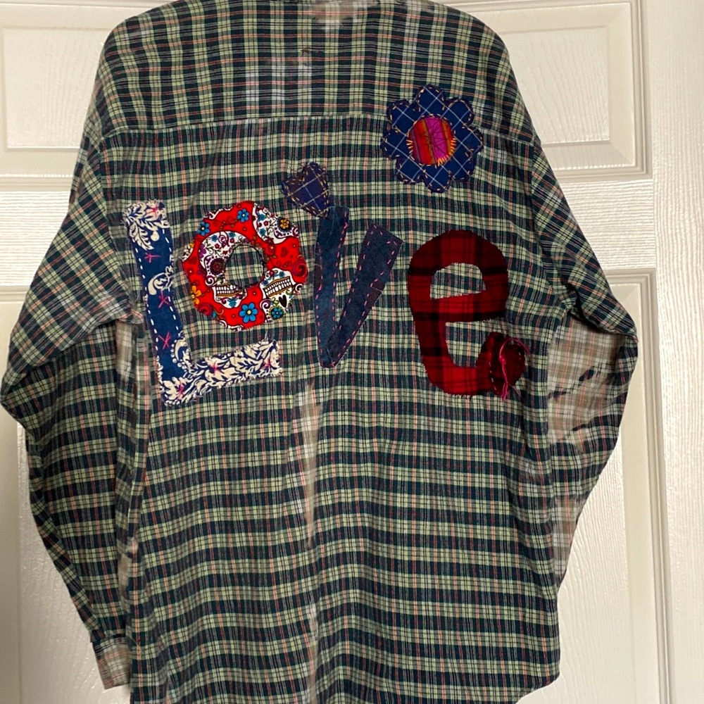 XL Flannel LOVE Hearts Repurposed Shirt Shacket Embroidered Top Bleached Vintage